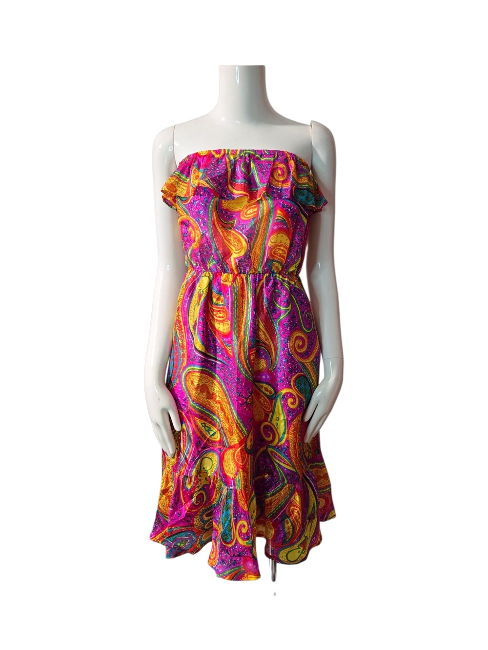Trina Turk Vibrant Paisley Strapless Ruffle Dress in Fuchsia and Yellow